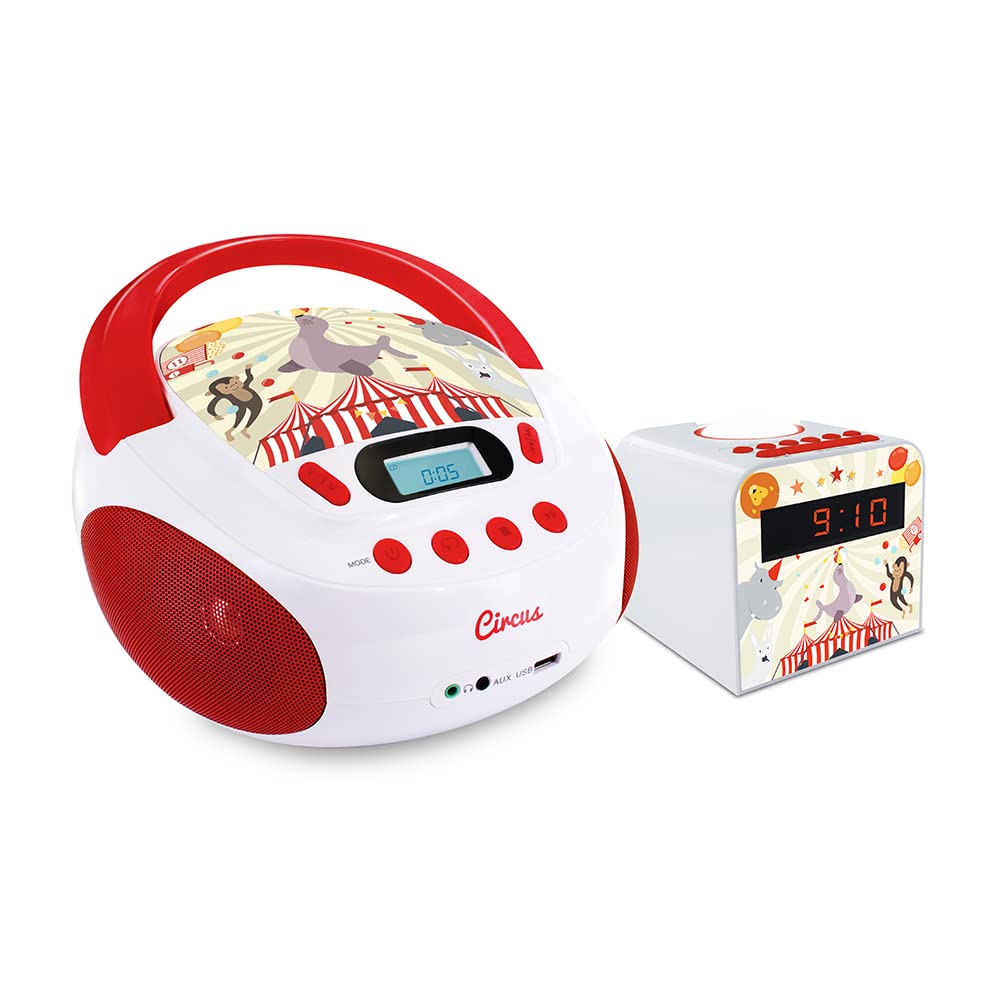 metronic-477297-ensemble-circus-lecteur-cd-et-radio-r-veil-veilleuse-rouge-et-bl image 1